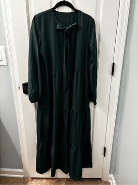 Long Sleeve Tie-Neck Maxi Dress in Deep Green